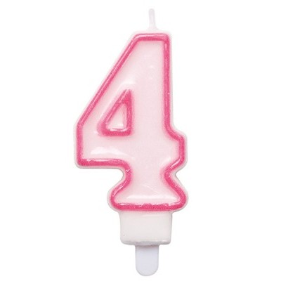 Vela de aniversário número 4 branca com contorno rosa