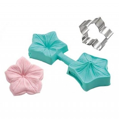 Conjunto para fazer flores com cortador metálico e moldes em silicone azul e rosa