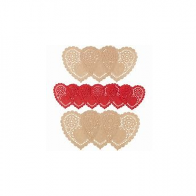 Corações rendados em tecido bege e vermelho organizados em três filas