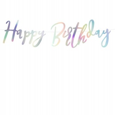 Bandeirola decorativa com texto 'Happy Birthday' em cores pastel