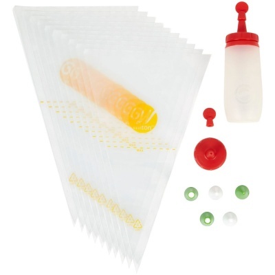 Conjunto de decoração de bolos com sacos de pasteleiro transparentes, garrafa dosadora e adaptadores coloridos