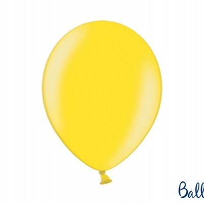 Balão amarelo de látex com nó e texto 'STRONG Balloons'