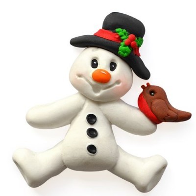 Boneco de neve branco com chapéu preto e pássaro vermelho na mão