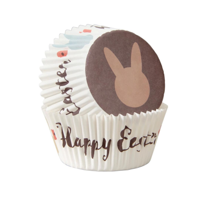 Formas de papel para bolos com tema de Páscoa, texto 'Happy Easter' e coelho