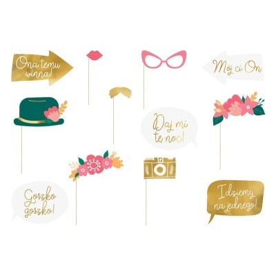 Acessórios para fotos em papel com frases em polaco e desenhos de chapéu, óculos, lábios, bigode, câmara, flores