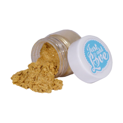 Frasco de pigmento dourado com tampa branca rotulada