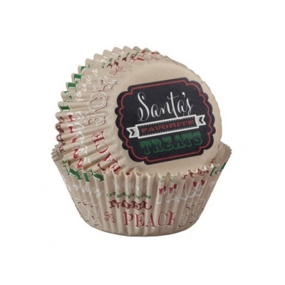 Forminhas para cupcakes com texto festivo em cores preta, vermelha e verde