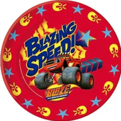 Disco vermelho com tema de carro de corrida e texto 'BLAZING SPEED!!'