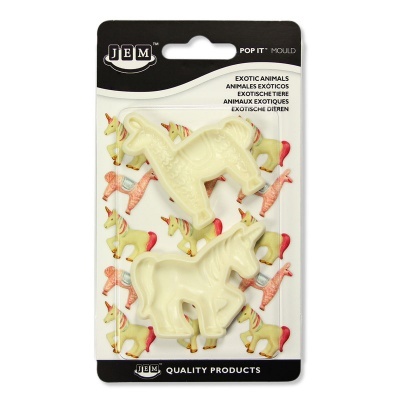 Molde de silicone creme para modelar animais exóticos em embalagem de cartão branco com imagens coloridas