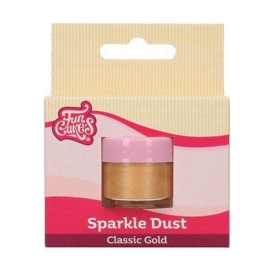 Pó brilhante FunCakes Sparkle Dust Classic Gold em embalagem com fundo creme e rosa