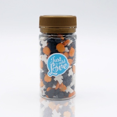 Frasco transparente com confeitos halloween em preto, branco e laranja