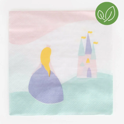 Guardanapo decorativo de princesa e castelo com símbolo de sustentabilidade