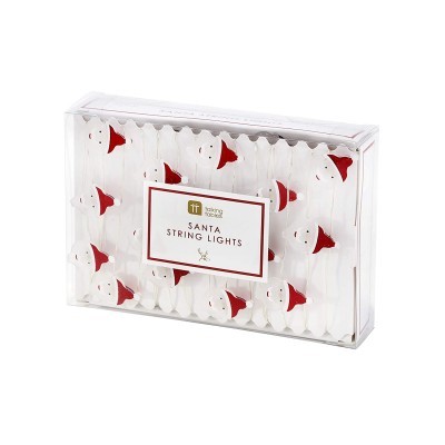 Guirlanda luminosa com pequenos bonecos de Pai Natal em caixa transparente