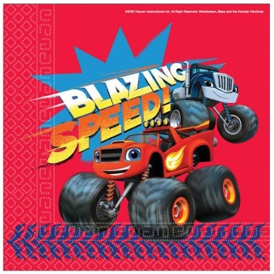 Duas figuras de monster trucks coloridos com texto BLAZING SPEED num fundo vermelho com padrão