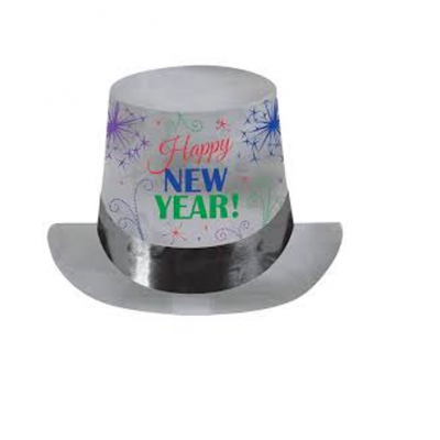 Chapéu metálico prateado com texto Happy NEW YEAR e desenhos coloridos