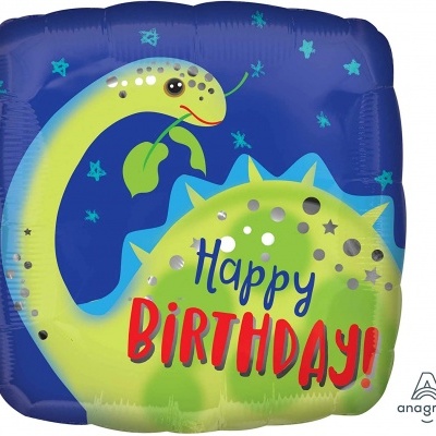 Balão quadrado de festa com dinossauro e texto Happy Birthday