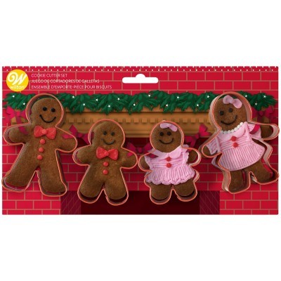 Conjunto de cortadores de biscoitos de gengibre com embalagem temática de Natal.