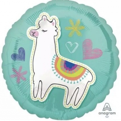 Balão azul claro com desenho de lhama e corações coloridos