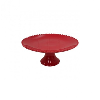 Prato de bolo vermelho com base elevada e borda decorativa