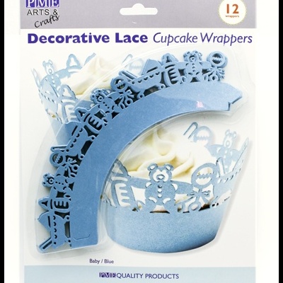 Embalagem com 12 wrappers azuis decorativos para cupcakes com padrões de brinquedos