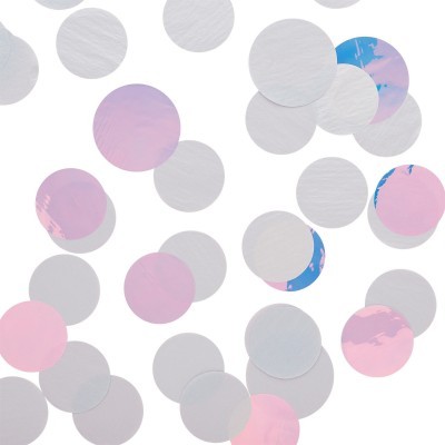 Confetis circulares metálicos em rosa, prata e azul sobre fundo branco