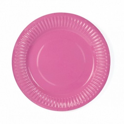 Prato descartável de papel rosa com borda texturizada