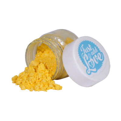 Frasco pequeno com partículas amarelas e tampa branca com texto azul.