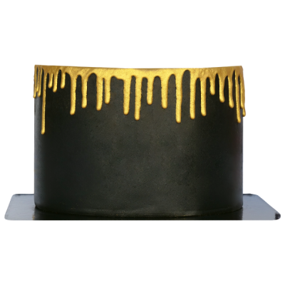 Bolo preto com decoração dourada fluida na parte superior