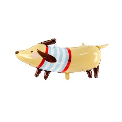 Balão de cão dachshund amarelo com camisola às riscas azuis e brancas