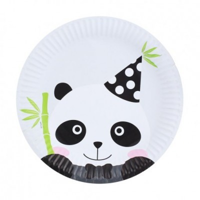 Prato descartável de papel com design de panda e chapéu de festa.