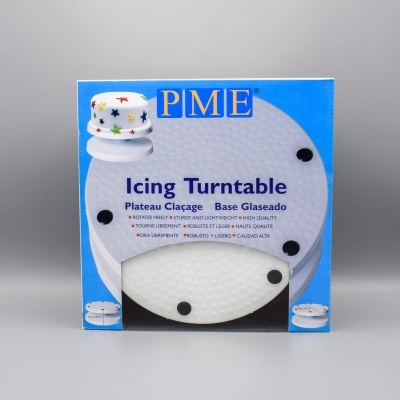 Prato giratório branco texturizado em embalagem azul PME para glacê