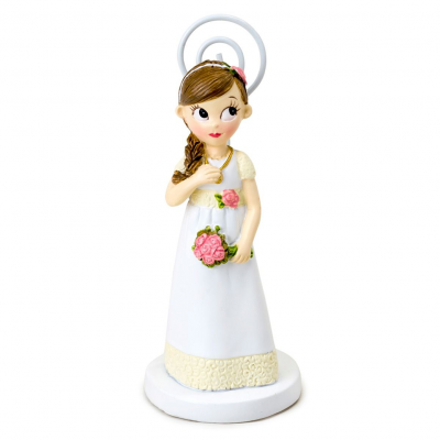 Figura decorativa de noiva com vestido branco e bouquet de flores cor de rosa