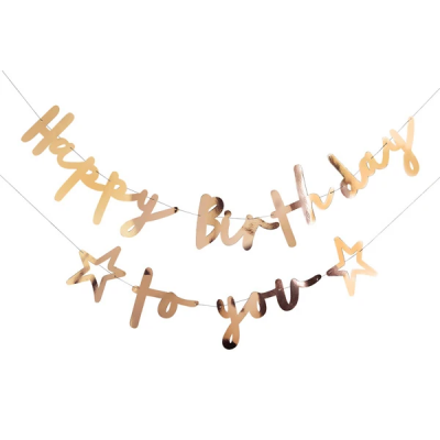 Decoração de banner dourado com a frase Happy Birthday to you e estrelas