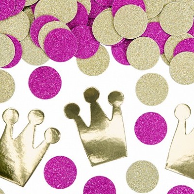 Confetes decorativos dourados e cor-de-rosa em formas de coroas e círculos