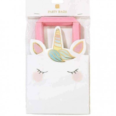 Saco de festa branco com desenho de unicórnio e alças cor-de-rosa