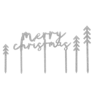 Decoração de Natal prateada com glitter com texto 'merry christmas' e árvores estilizadas