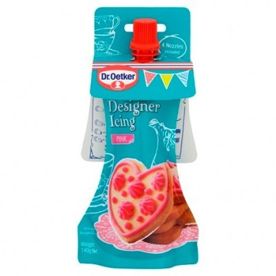 Gel de decoração para bolos Dr. Oetker Design Icing Pink em embalagem azul-turquesa com tampa vermelha