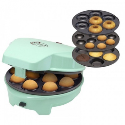 Máquina de pastelaria verde água com placas para bolos, cupcakes e donuts.