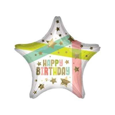 Balão estrela colorido com texto Happy Birthday