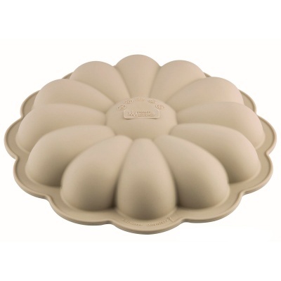 Forma de silicone bege para bolos com design floral e texto em relevo no centro