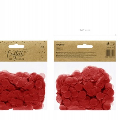 Pacote de confetti vermelho em círculos com embalagem de cartão castanho e plástico transparente