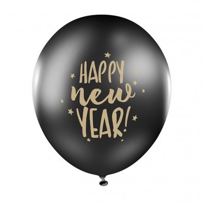 Balão preto com texto dourado 'HAPPY new YEAR!' e estrelas