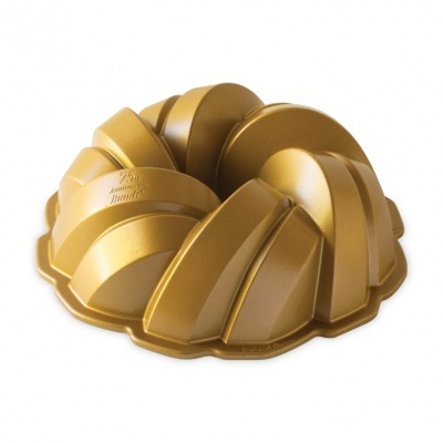 Forma de bundt dourada metálica com texto The Anniversary Bundle