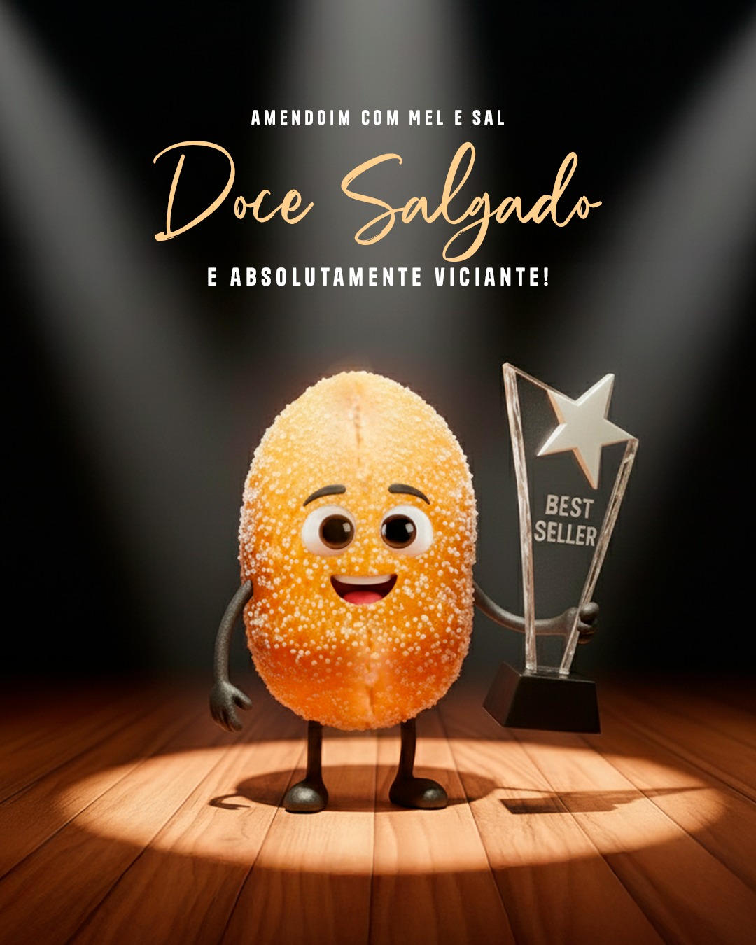 Personagem de amendoim animado com troféu BEST SELLER em palco de madeira