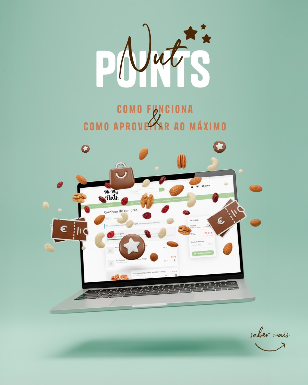 Portátil com carrinho de compras de frutos secos e elementos gráficos de moedas e bilhetes em fundo verde claro