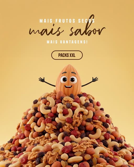 amêndoa animada numa pilha de frutos secos coloridos com texto promocional em fundo amarelo