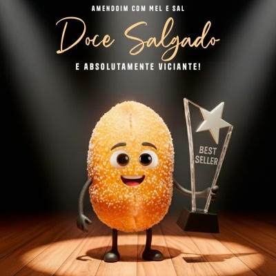 Personagem de amendoim animado com troféu BEST SELLER em palco de madeira