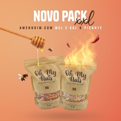 Duas embalagens 'Oh My Nuts' de 1kg com amendoins, mel e picante em fundo cor-de-rosa e laranja