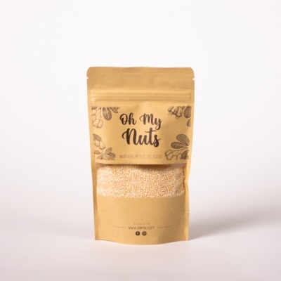 Saco de papel kraft com sementes e rotulo Oh My Nuts