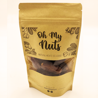 Embalagem de frutos secos Oh My Nuts em papel kraft com janela transparente